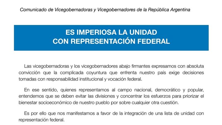 Es imperiosa la unidad con representación federal
