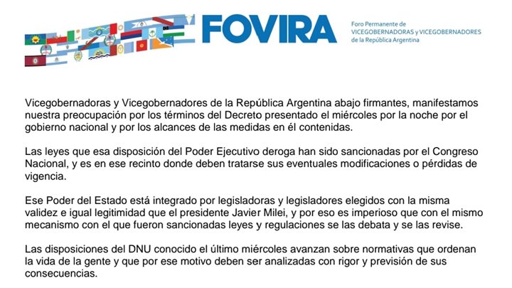 Comunicado de Vicegobernadoras y Vicegobernadores sobre el DNU del Gobierno Nacional